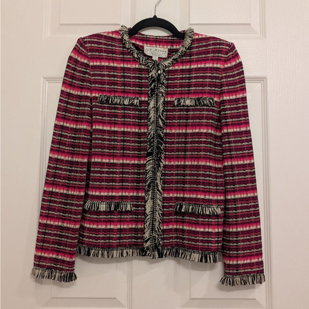 St. John Collection Knit Tweed Jacket Old Money Fringed Trim Chic Cardigan Sz 4